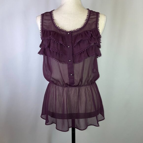Express Tops - Express Sheer Sleeveless Blouse Size M Plum Purple Ruffle Pom Pom Fringe